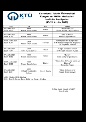 13-19 Aralık Haftalık Kültürel Faaliyetler